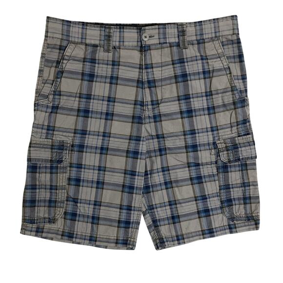 OP Ocean Pacific Board Shorts Mens 40 Gray/Blue Plaid Cargo Beach Casual - Picture 1 of 14